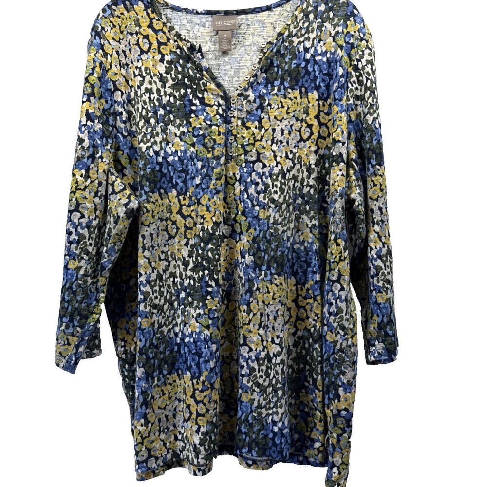 Chicos Womens Top XL Colorful Artsy Paisley Floral Blue Yellow Cotton 3/4 Sleeve